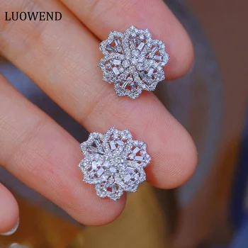 LUOWEND 18K Belim Zlatom Uhani 0.90 karat Pravi Naravni Stud Diamant Uhani za Ženske Poročni Nakit Romantično Cvet Design